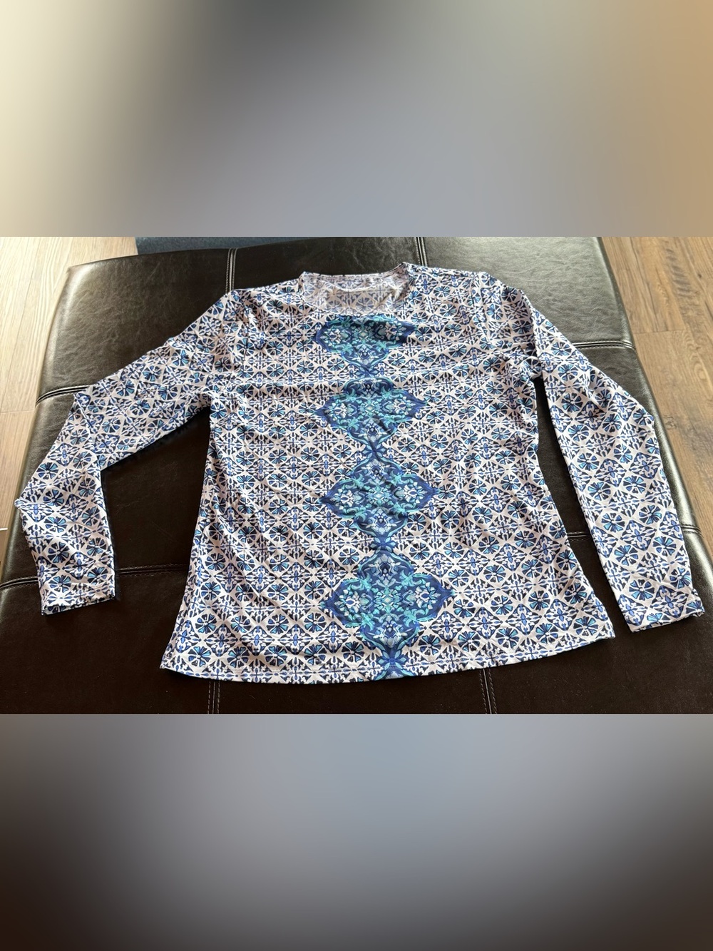 Lands' End Blue and White Printed Sun and Swimming Long-Sleeve Tee